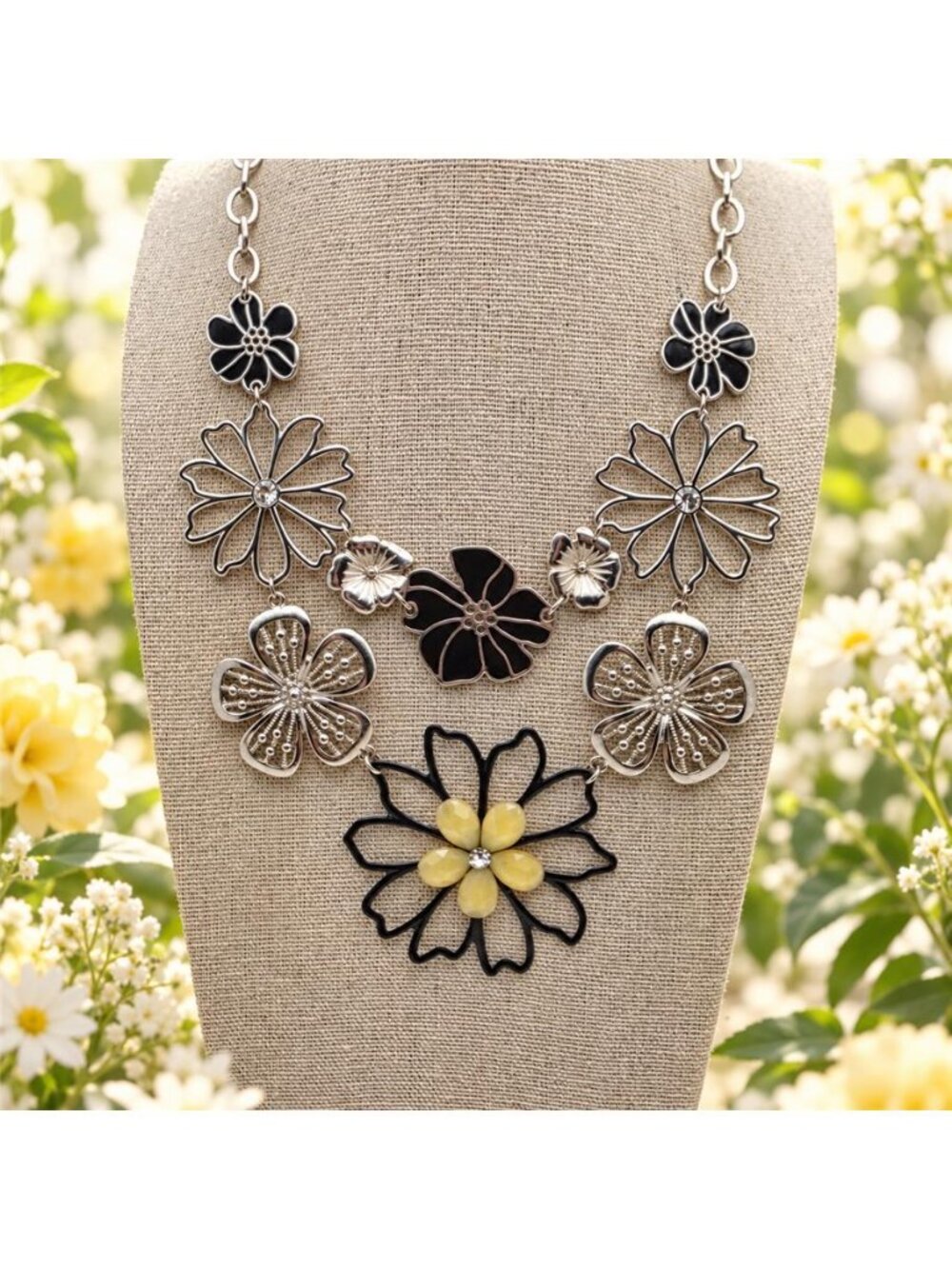 Black Yellow Enamel Crystal Flower Bib Necklace Silver Tone New York & Company